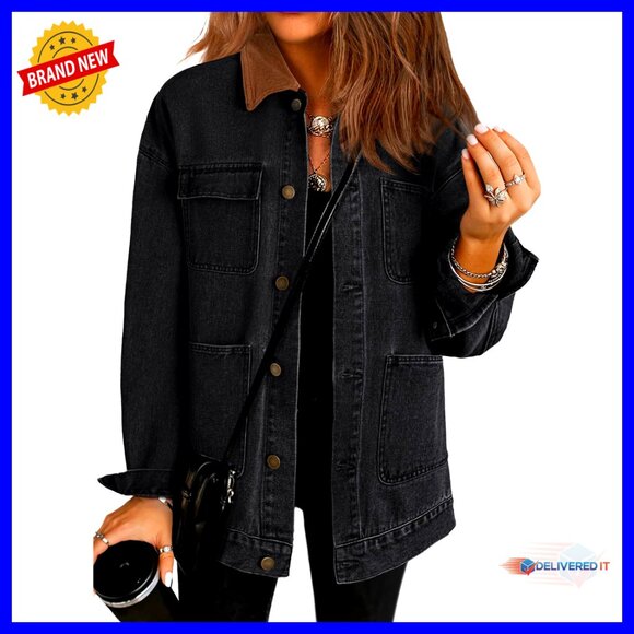 Jackets & Blazers - Oversized Denim Jacket with Corduroy Collar Retro Vintage Barnfit Style